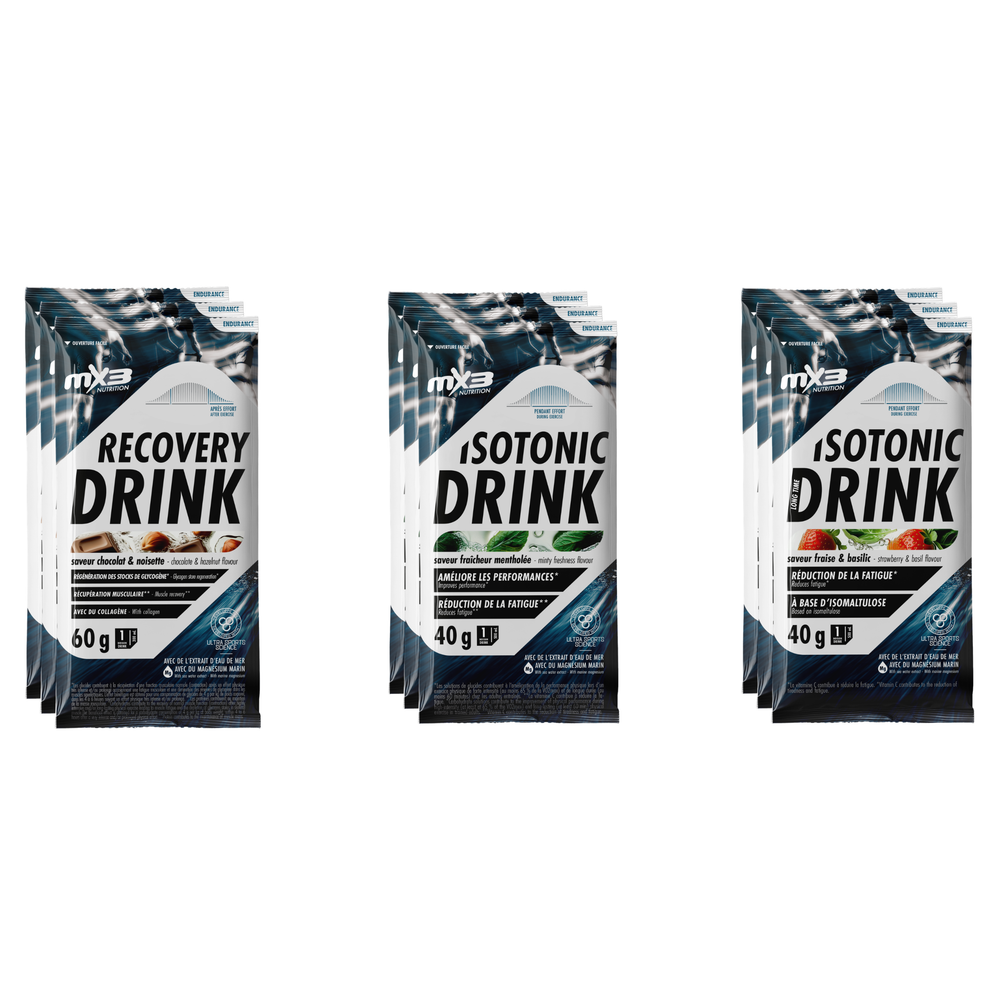 Mix unidose recup chocolat noisette + isotonic fraise basilic + isotonic fraicheur mentholée