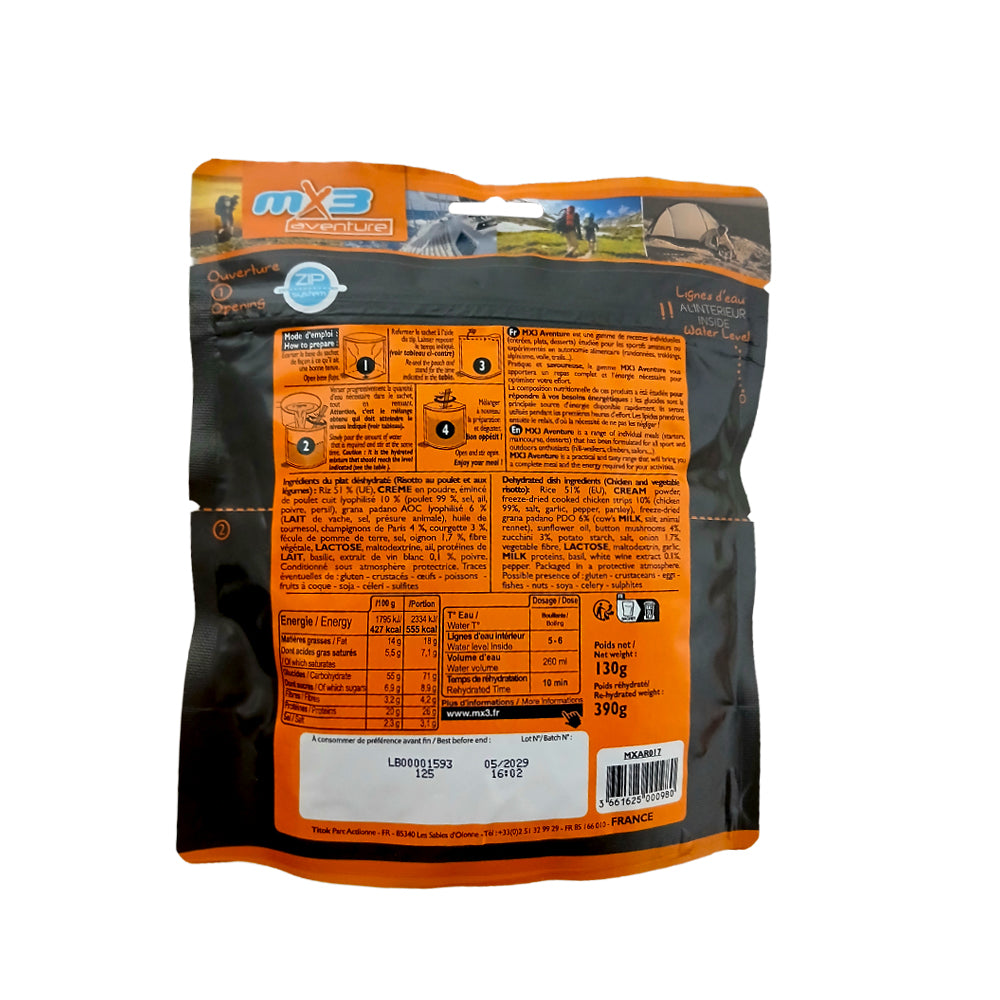 Risotto au poulet et aux légumes lyophilisées